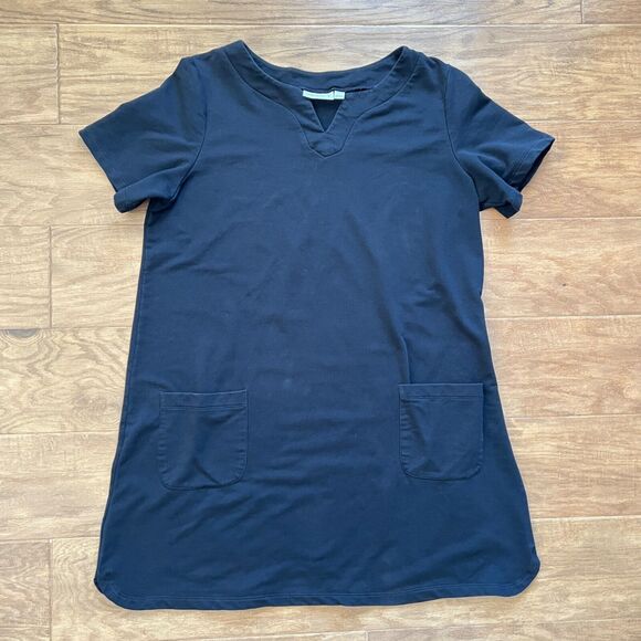 Susan Graver Weekend Dress Size L Black French Terry Short Sleeve Split Neck - Picture 1 of 7